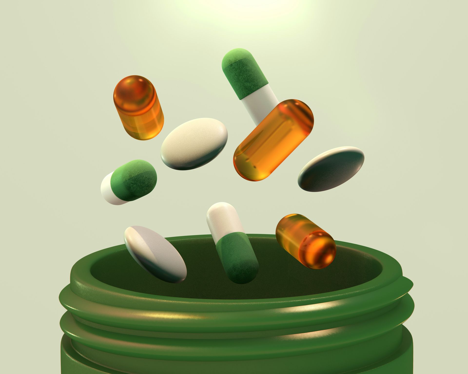Assorted supplement capsules above a green jar